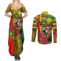 Hawaiian Reggae Couples Matching Summer Maxi Dress and Long Sleeve Button Shirt Kakau Art Motifs with Ohia Lehua and Rastafari Lion - Polynesian Pride