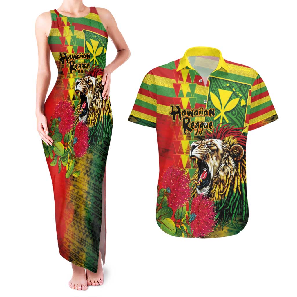 Hawaiian Reggae Couples Matching Tank Maxi Dress and Hawaiian Shirt Kakau Art Motifs with Ohia Lehua and Rastafari Lion - Polynesian Pride