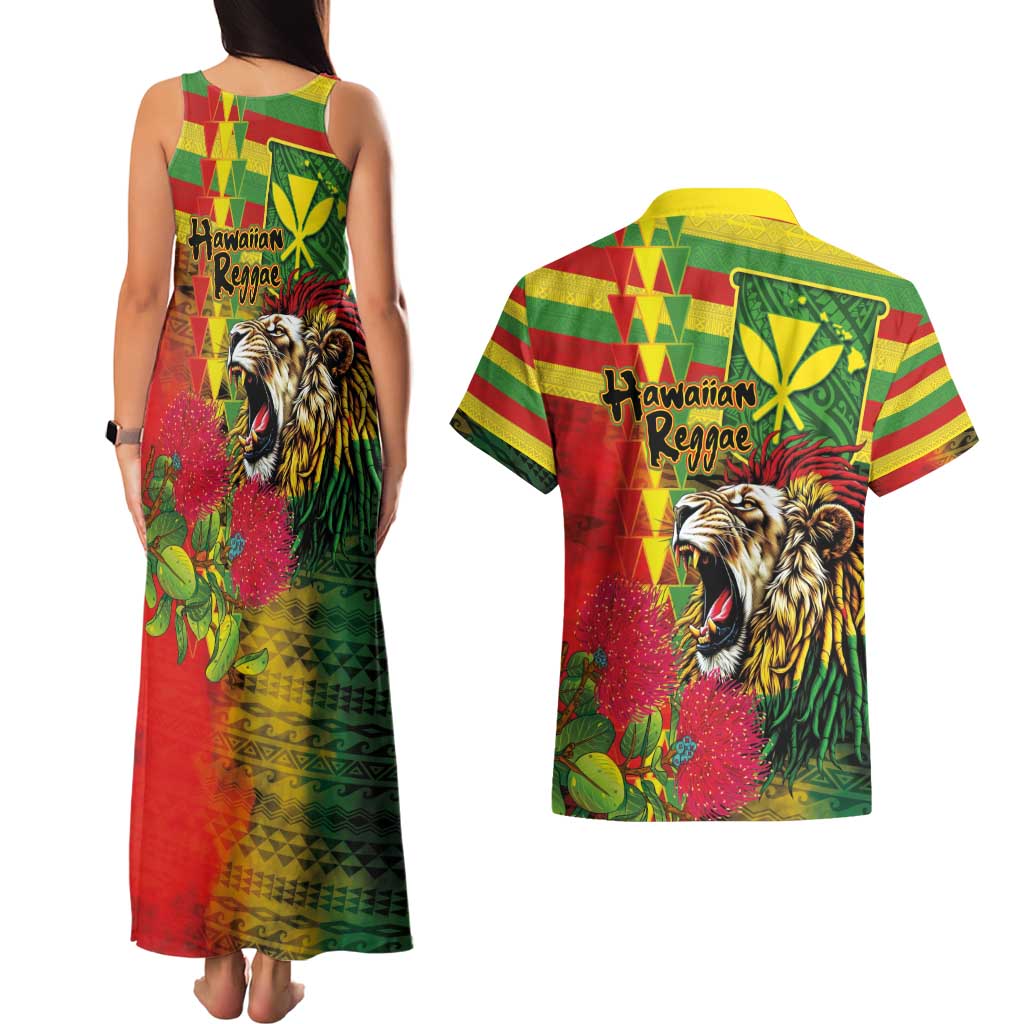 Hawaiian Reggae Couples Matching Tank Maxi Dress and Hawaiian Shirt Kakau Art Motifs with Ohia Lehua and Rastafari Lion - Polynesian Pride
