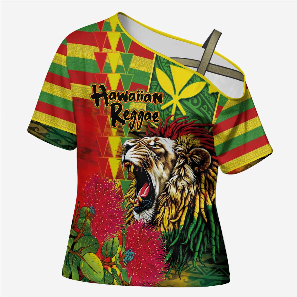 Hawaiian Reggae Cross Shoulder Shirt Kakau Art Motifs with Ohia Lehua and Rastafari Lion - Polynesian Pride