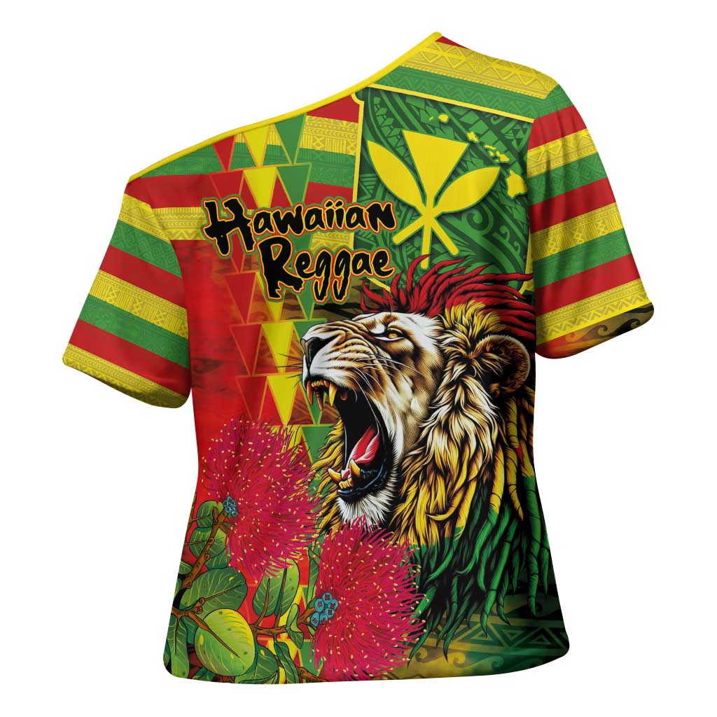 Hawaiian Reggae Cross Shoulder Shirt Kakau Art Motifs with Ohia Lehua and Rastafari Lion - Polynesian Pride