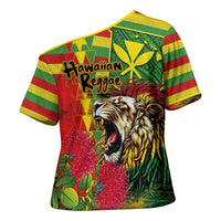 Hawaiian Reggae Cross Shoulder Shirt Kakau Art Motifs with Ohia Lehua and Rastafari Lion - Polynesian Pride