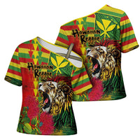 Hawaiian Reggae Cross Shoulder Shirt Kakau Art Motifs with Ohia Lehua and Rastafari Lion - Polynesian Pride