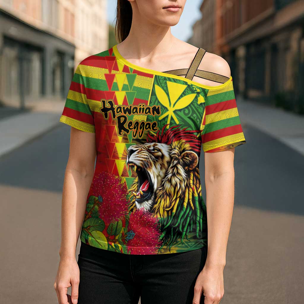 Hawaiian Reggae Cross Shoulder Shirt Kakau Art Motifs with Ohia Lehua and Rastafari Lion - Polynesian Pride