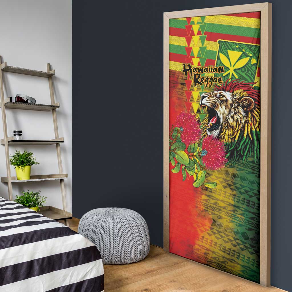 Hawaiian Reggae Door Cover Kakau Art Motifs with Ohia Lehua and Rastafari Lion - Polynesian Pride