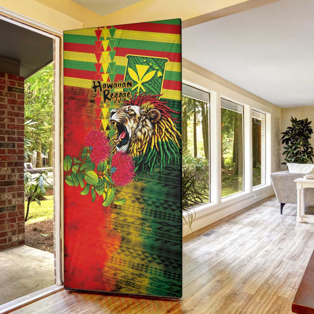 Hawaiian Reggae Door Cover Kakau Art Motifs with Ohia Lehua and Rastafari Lion - Polynesian Pride
