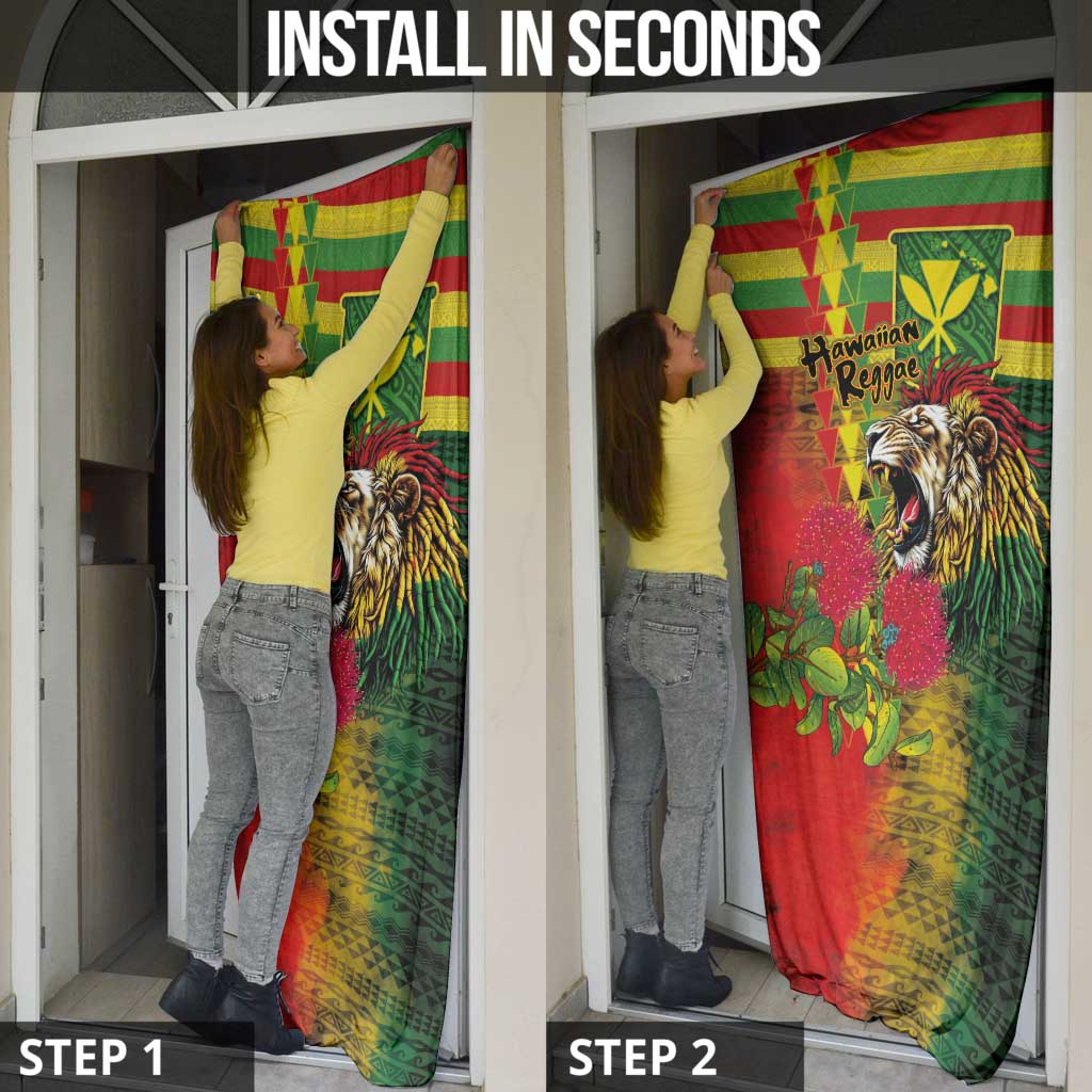 Hawaiian Reggae Door Cover Kakau Art Motifs with Ohia Lehua and Rastafari Lion - Polynesian Pride