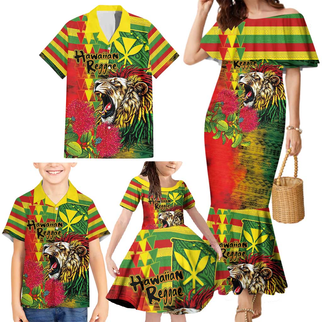 Hawaiian Reggae Family Matching Mermaid Dress and Hawaiian Shirt Kakau Art Motifs with Ohia Lehua and Rastafari Lion - Polynesian Pride