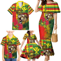 Hawaiian Reggae Family Matching Mermaid Dress and Hawaiian Shirt Kakau Art Motifs with Ohia Lehua and Rastafari Lion - Polynesian Pride