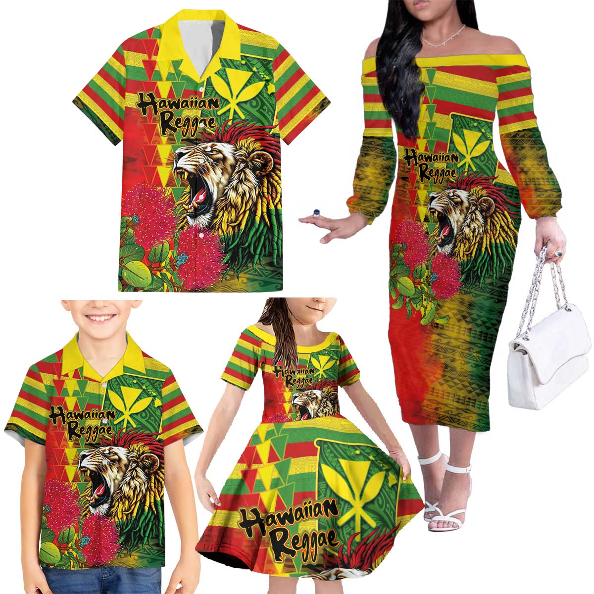Hawaiian Reggae Family Matching Off The Shoulder Long Sleeve Dress and Hawaiian Shirt Kakau Art Motifs with Ohia Lehua and Rastafari Lion - Polynesian Pride