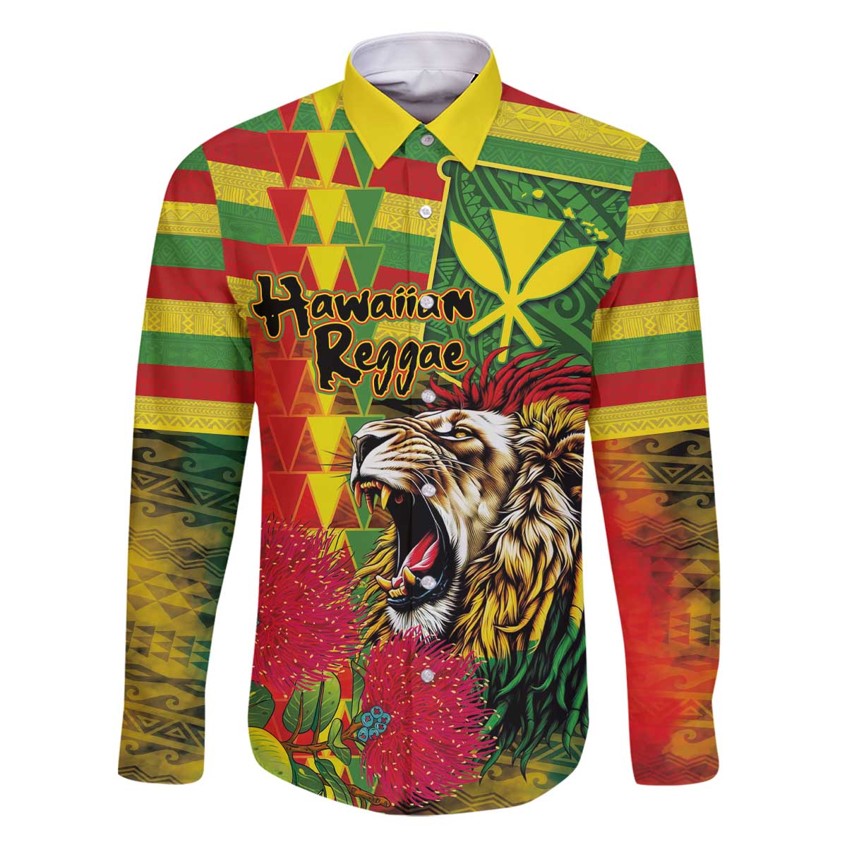 Hawaiian Reggae Family Matching Off The Shoulder Long Sleeve Dress and Hawaiian Shirt Kakau Art Motifs with Ohia Lehua and Rastafari Lion - Polynesian Pride