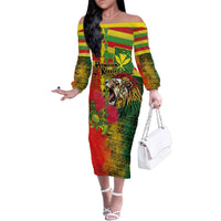Hawaiian Reggae Family Matching Off The Shoulder Long Sleeve Dress and Hawaiian Shirt Kakau Art Motifs with Ohia Lehua and Rastafari Lion - Polynesian Pride