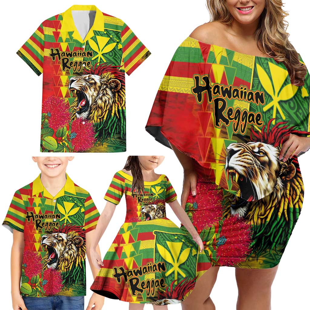 Hawaiian Reggae Family Matching Off Shoulder Short Dress and Hawaiian Shirt Kakau Art Motifs with Ohia Lehua and Rastafari Lion - Polynesian Pride