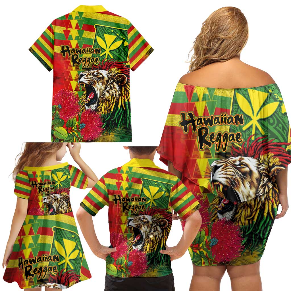Hawaiian Reggae Family Matching Off Shoulder Short Dress and Hawaiian Shirt Kakau Art Motifs with Ohia Lehua and Rastafari Lion - Polynesian Pride