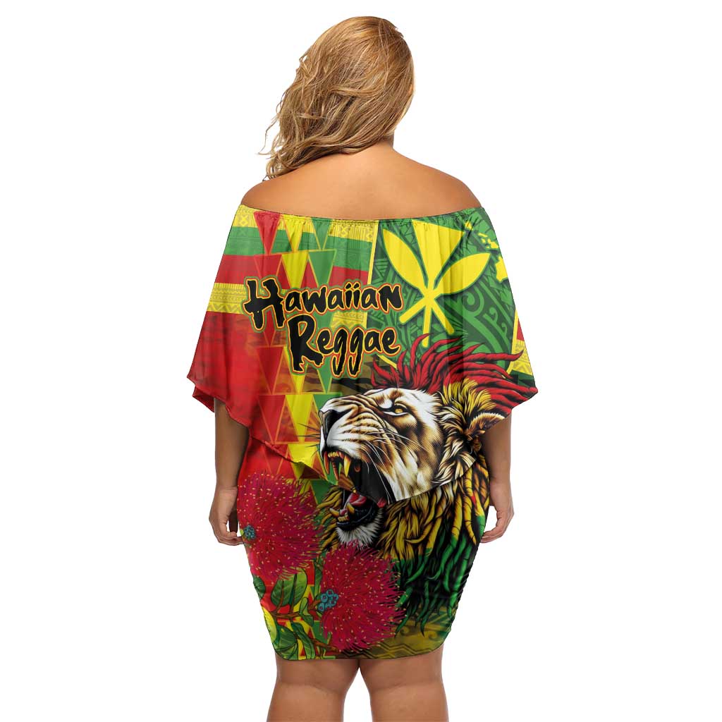 Hawaiian Reggae Family Matching Off Shoulder Short Dress and Hawaiian Shirt Kakau Art Motifs with Ohia Lehua and Rastafari Lion - Polynesian Pride