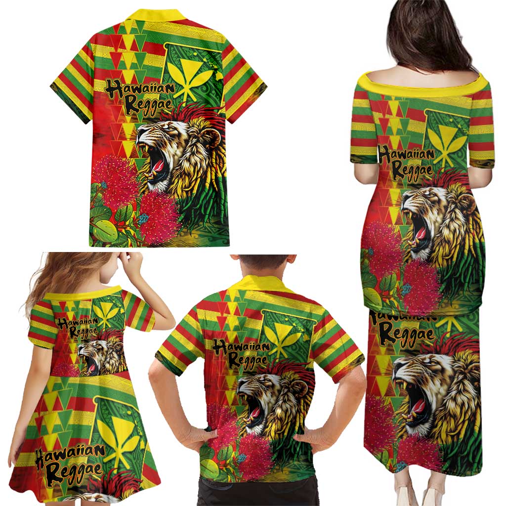 Hawaiian Reggae Family Matching Puletasi and Hawaiian Shirt Kakau Art Motifs with Ohia Lehua and Rastafari Lion - Polynesian Pride