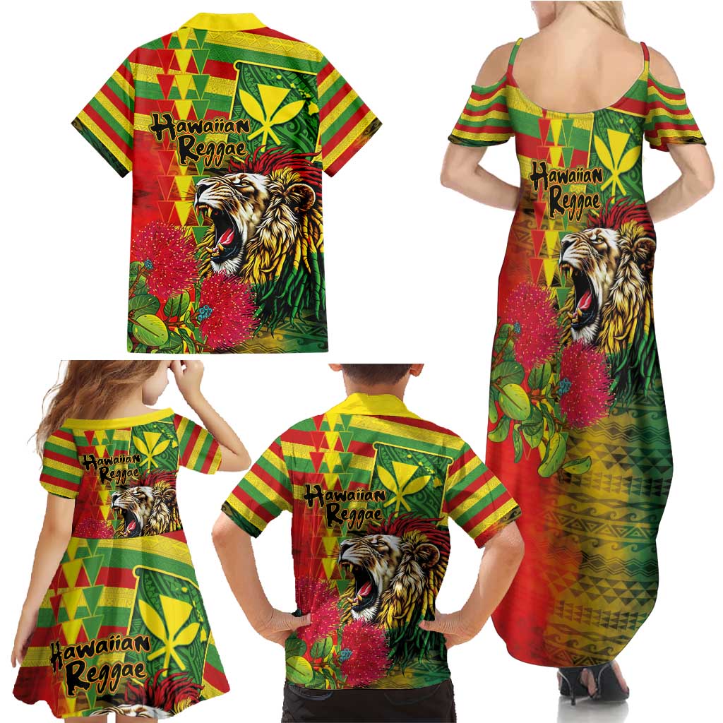 Hawaiian Reggae Family Matching Summer Maxi Dress and Hawaiian Shirt Kakau Art Motifs with Ohia Lehua and Rastafari Lion - Polynesian Pride