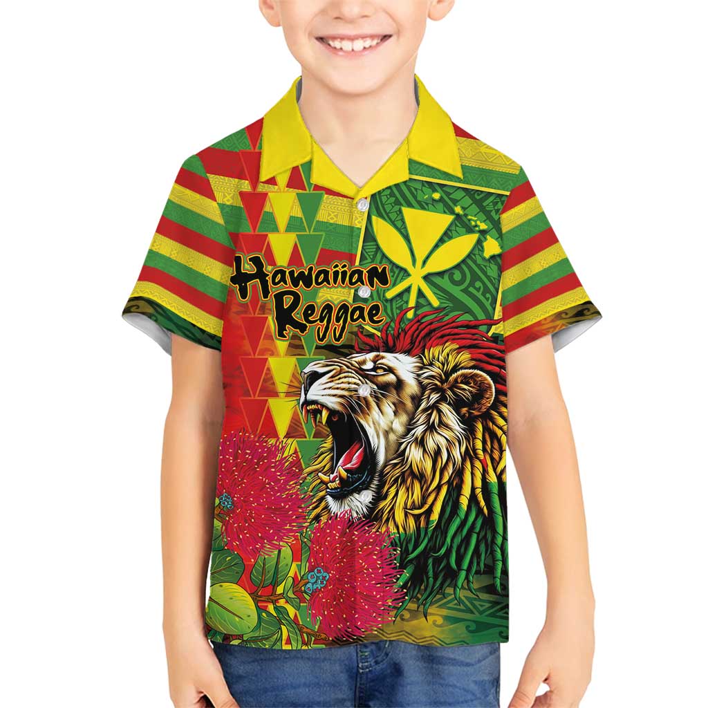 Hawaiian Reggae Family Matching Summer Maxi Dress and Hawaiian Shirt Kakau Art Motifs with Ohia Lehua and Rastafari Lion - Polynesian Pride