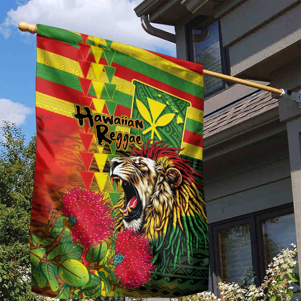 Hawaiian Reggae Garden Flag Kakau Art Motifs with Ohia Lehua and Rastafari Lion - Polynesian Pride