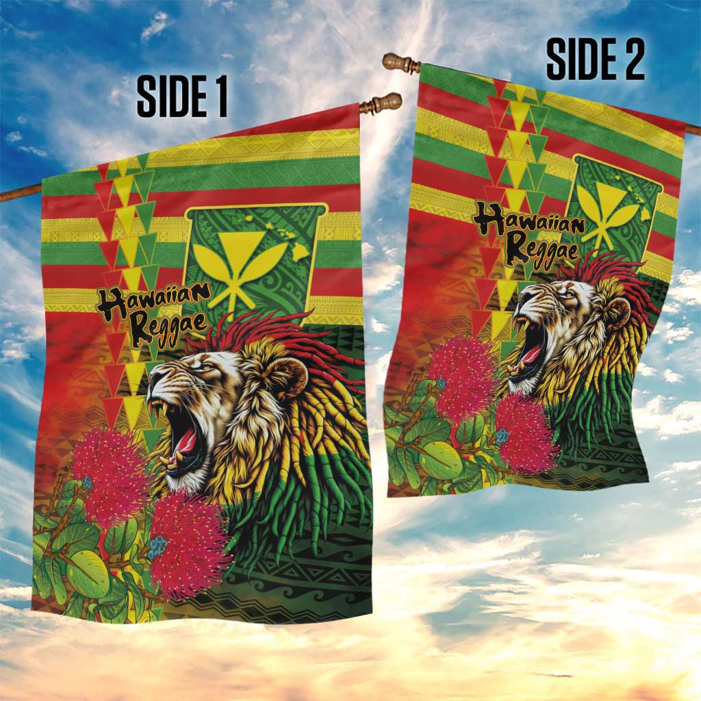 Hawaiian Reggae Garden Flag Kakau Art Motifs with Ohia Lehua and Rastafari Lion - Polynesian Pride