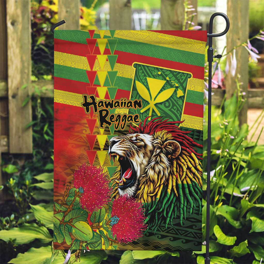 Hawaiian Reggae Garden Flag Kakau Art Motifs with Ohia Lehua and Rastafari Lion - Polynesian Pride