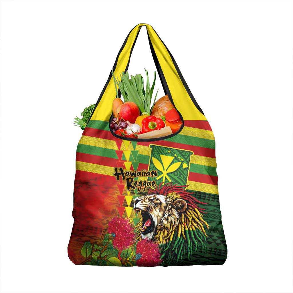 Hawaiian Reggae Grocery Bag Kakau Art Motifs with Ohia Lehua and Rastafari Lion - Polynesian Pride