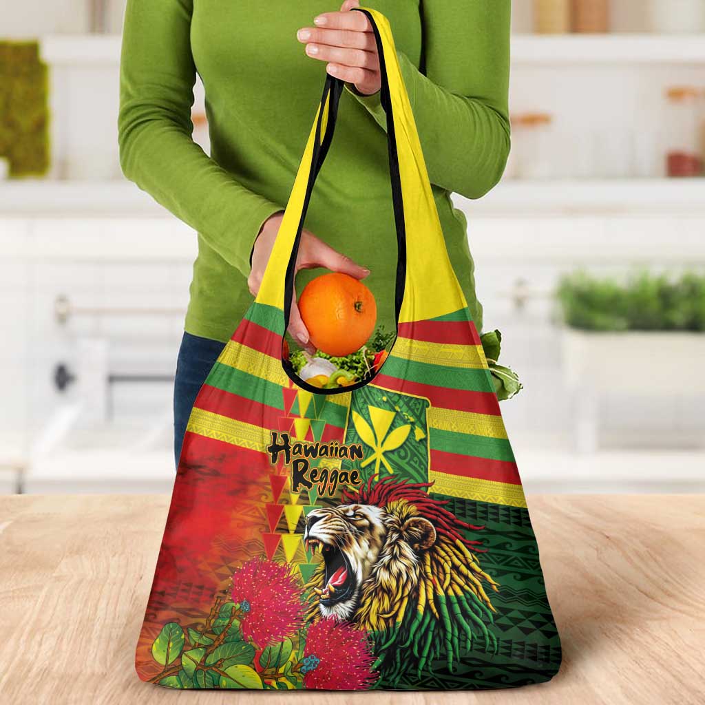 Hawaiian Reggae Grocery Bag Kakau Art Motifs with Ohia Lehua and Rastafari Lion - Polynesian Pride
