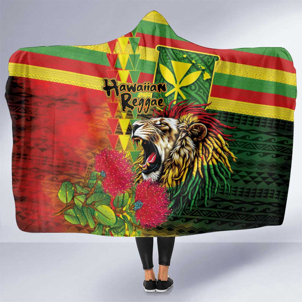 Hawaiian Reggae Hooded Blanket Kakau Art Motifs with Ohia Lehua and Rastafari Lion - Polynesian Pride