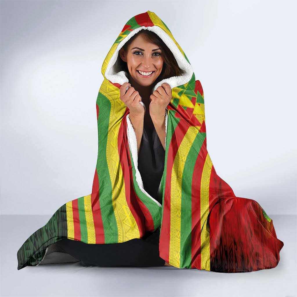 Hawaiian Reggae Hooded Blanket Kakau Art Motifs with Ohia Lehua and Rastafari Lion - Polynesian Pride