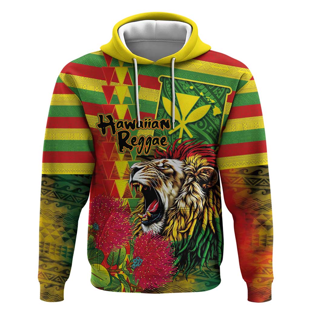 Hawaiian Reggae Hoodie Kakau Art Motifs with Ohia Lehua and Rastafari Lion - Polynesian Pride