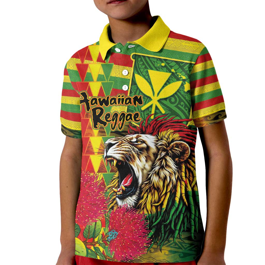 Hawaiian Reggae Kid Polo Shirt Kakau Art Motifs with Ohia Lehua and Rastafari Lion - Polynesian Pride