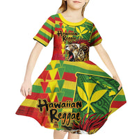 Hawaiian Reggae Kid Short Sleeve Dress Kakau Art Motifs with Ohia Lehua and Rastafari Lion - Polynesian Pride