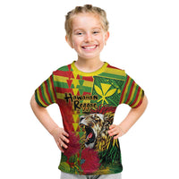 Hawaiian Reggae Kid T Shirt Kakau Art Motifs with Ohia Lehua and Rastafari Lion - Polynesian Pride