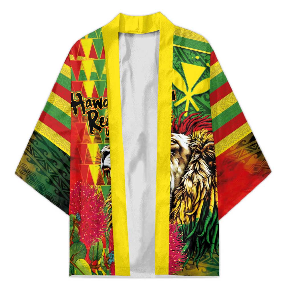 Hawaiian Reggae Kimono Kakau Art Motifs with Ohia Lehua and Rastafari Lion - Polynesian Pride