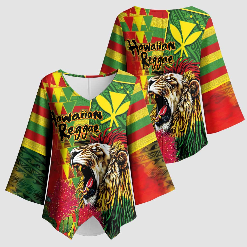 Hawaiian Reggae Kimono Sleeve Blouse Kakau Art Motifs with Ohia Lehua and Rastafari Lion - Polynesian Pride