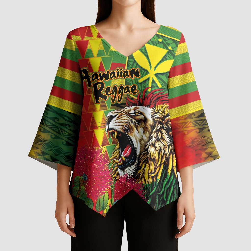 Hawaiian Reggae Kimono Sleeve Blouse Kakau Art Motifs with Ohia Lehua and Rastafari Lion - Polynesian Pride