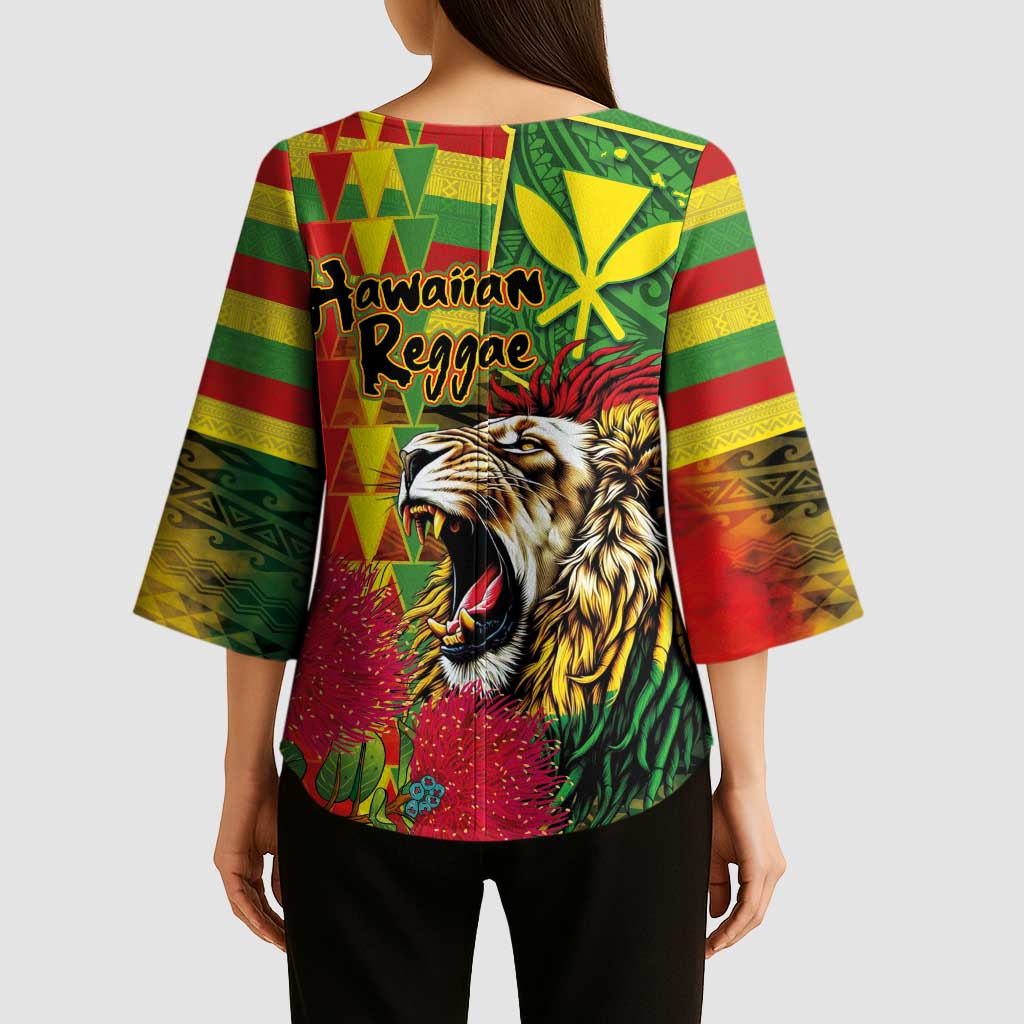 Hawaiian Reggae Kimono Sleeve Blouse Kakau Art Motifs with Ohia Lehua and Rastafari Lion - Polynesian Pride