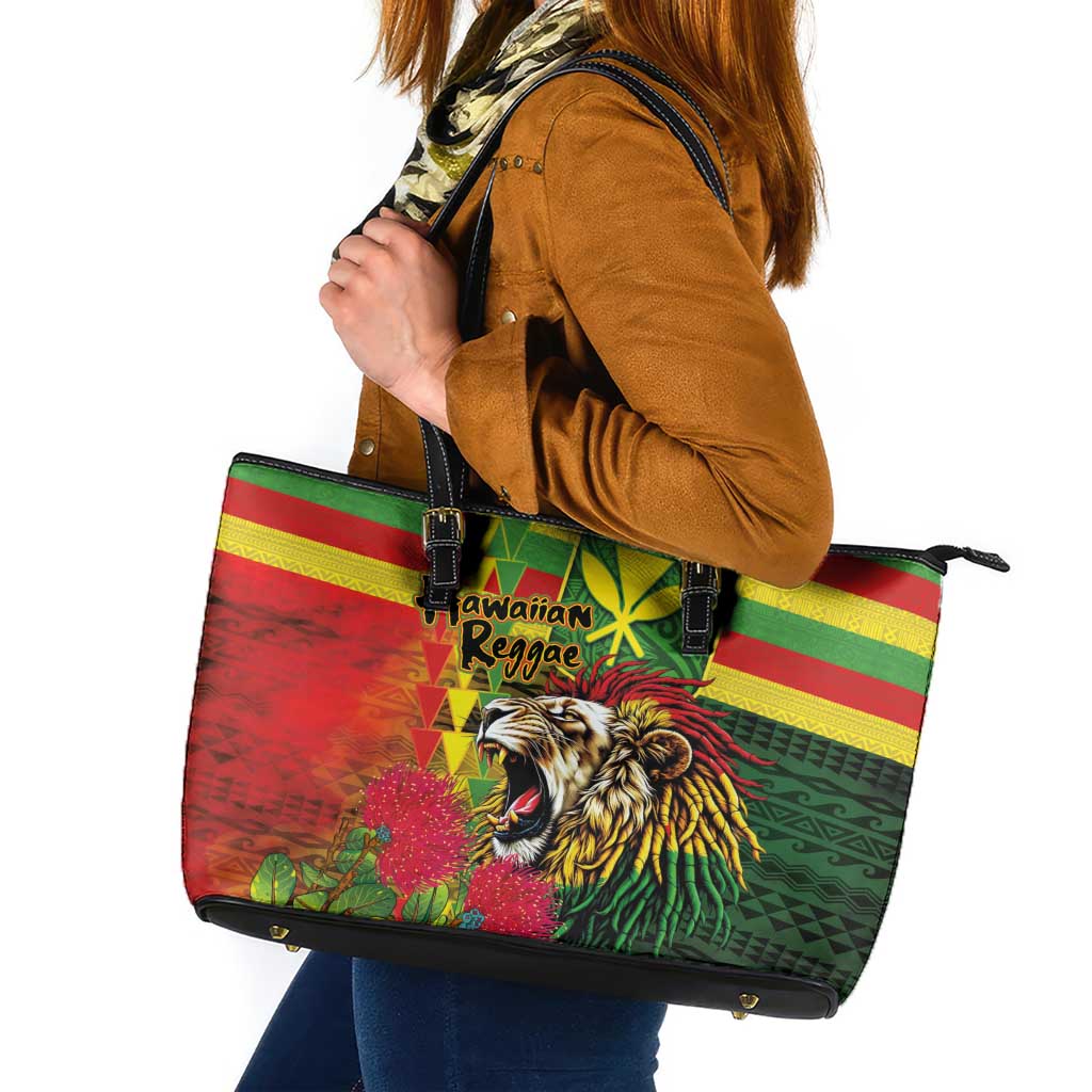 Hawaiian Reggae Leather Tote Bag Kakau Art Motifs with Ohia Lehua and Rastafari Lion - Polynesian Pride