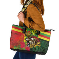 Hawaiian Reggae Leather Tote Bag Kakau Art Motifs with Ohia Lehua and Rastafari Lion - Polynesian Pride