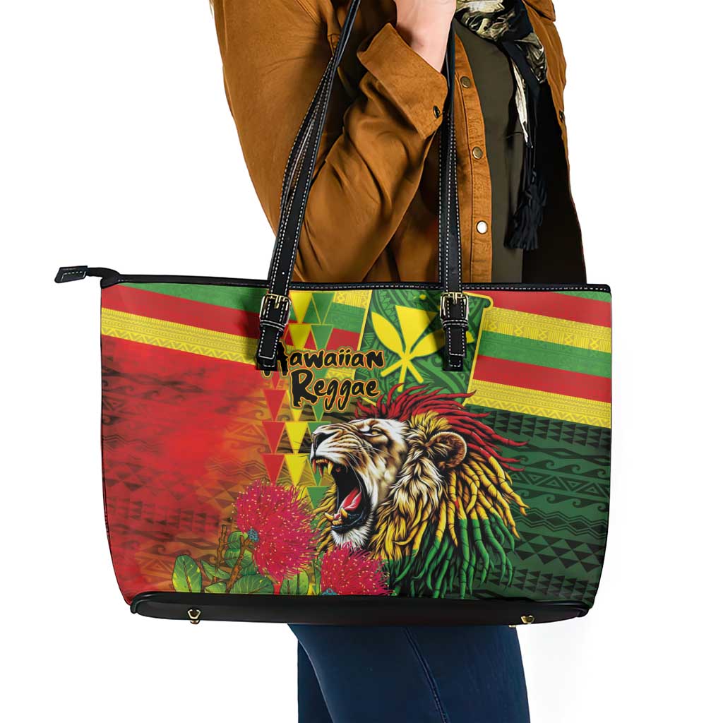 Hawaiian Reggae Leather Tote Bag Kakau Art Motifs with Ohia Lehua and Rastafari Lion - Polynesian Pride