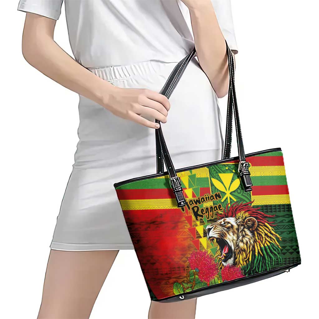Hawaiian Reggae Leather Tote Bag Kakau Art Motifs with Ohia Lehua and Rastafari Lion - Polynesian Pride