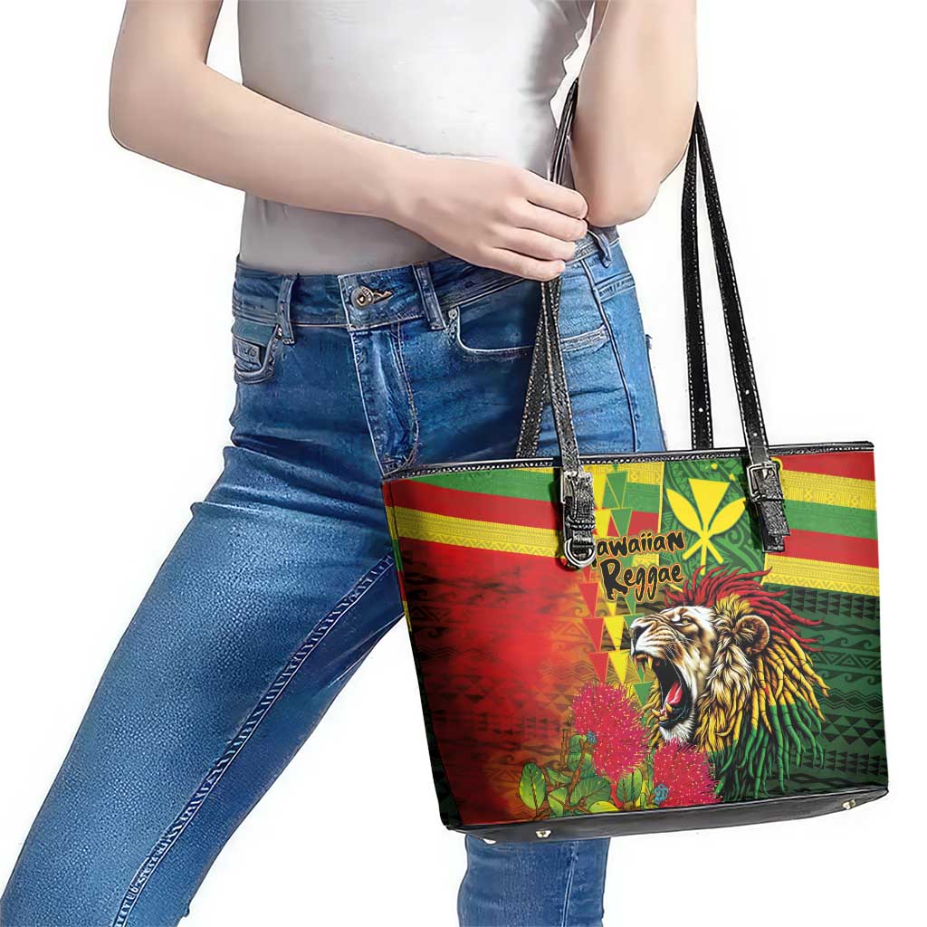 Hawaiian Reggae Leather Tote Bag Kakau Art Motifs with Ohia Lehua and Rastafari Lion - Polynesian Pride