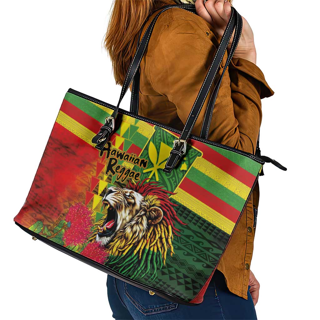 Hawaiian Reggae Leather Tote Bag Kakau Art Motifs with Ohia Lehua and Rastafari Lion - Polynesian Pride