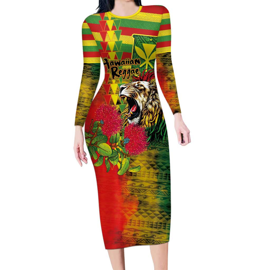 Hawaiian Reggae Long Sleeve Bodycon Dress Kakau Art Motifs with Ohia Lehua and Rastafari Lion - Polynesian Pride