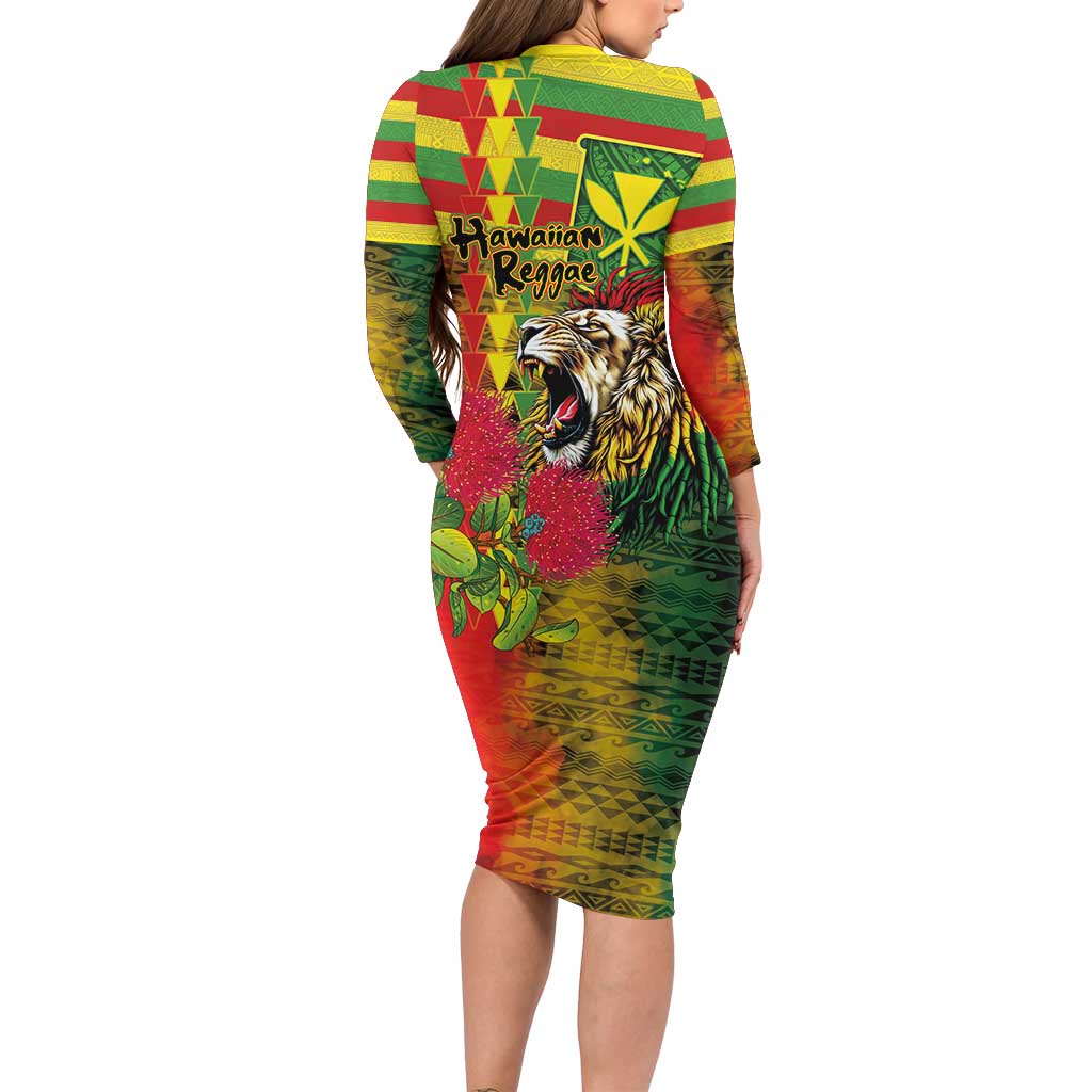 Hawaiian Reggae Long Sleeve Bodycon Dress Kakau Art Motifs with Ohia Lehua and Rastafari Lion - Polynesian Pride