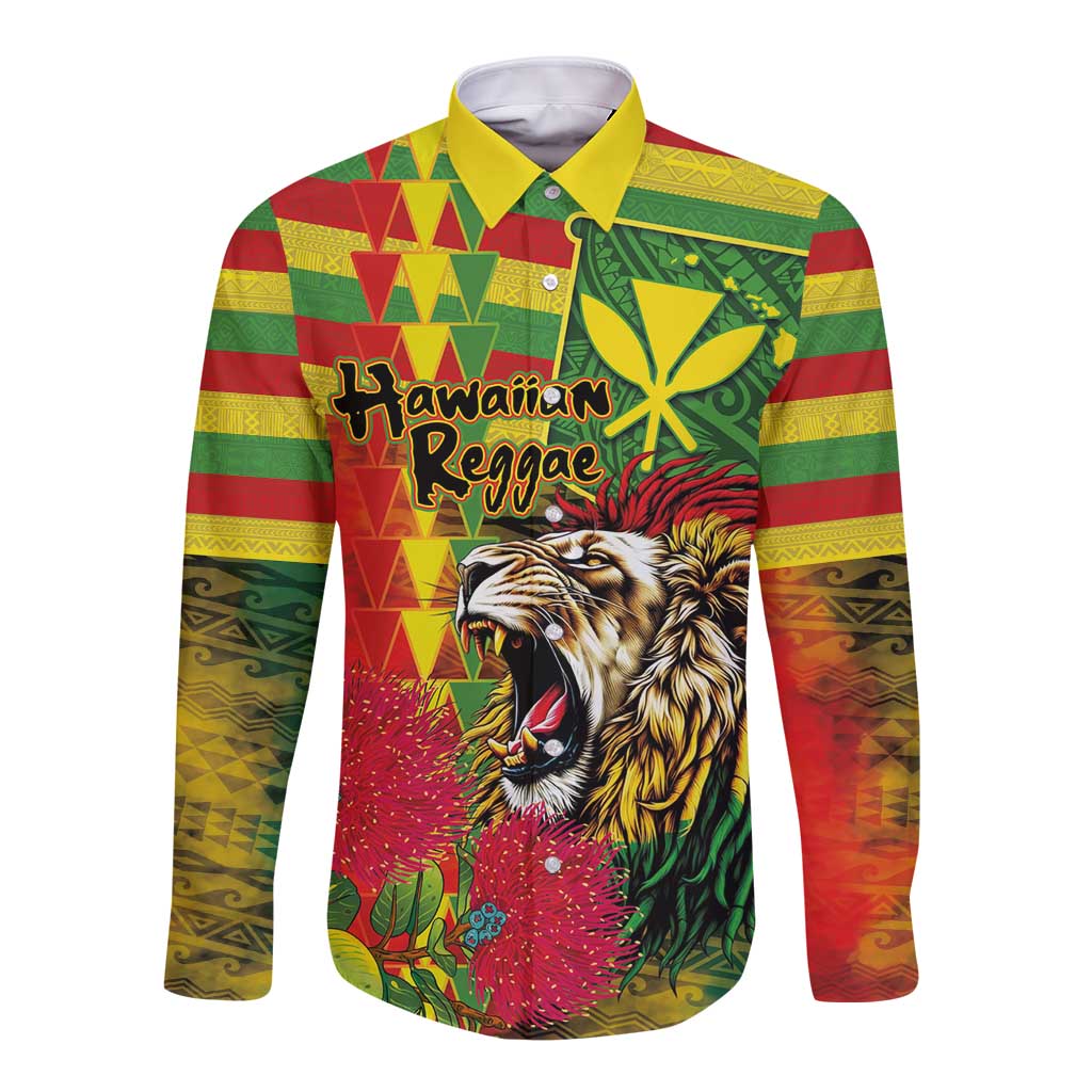 Hawaiian Reggae Long Sleeve Button Shirt Kakau Art Motifs with Ohia Lehua and Rastafari Lion - Polynesian Pride
