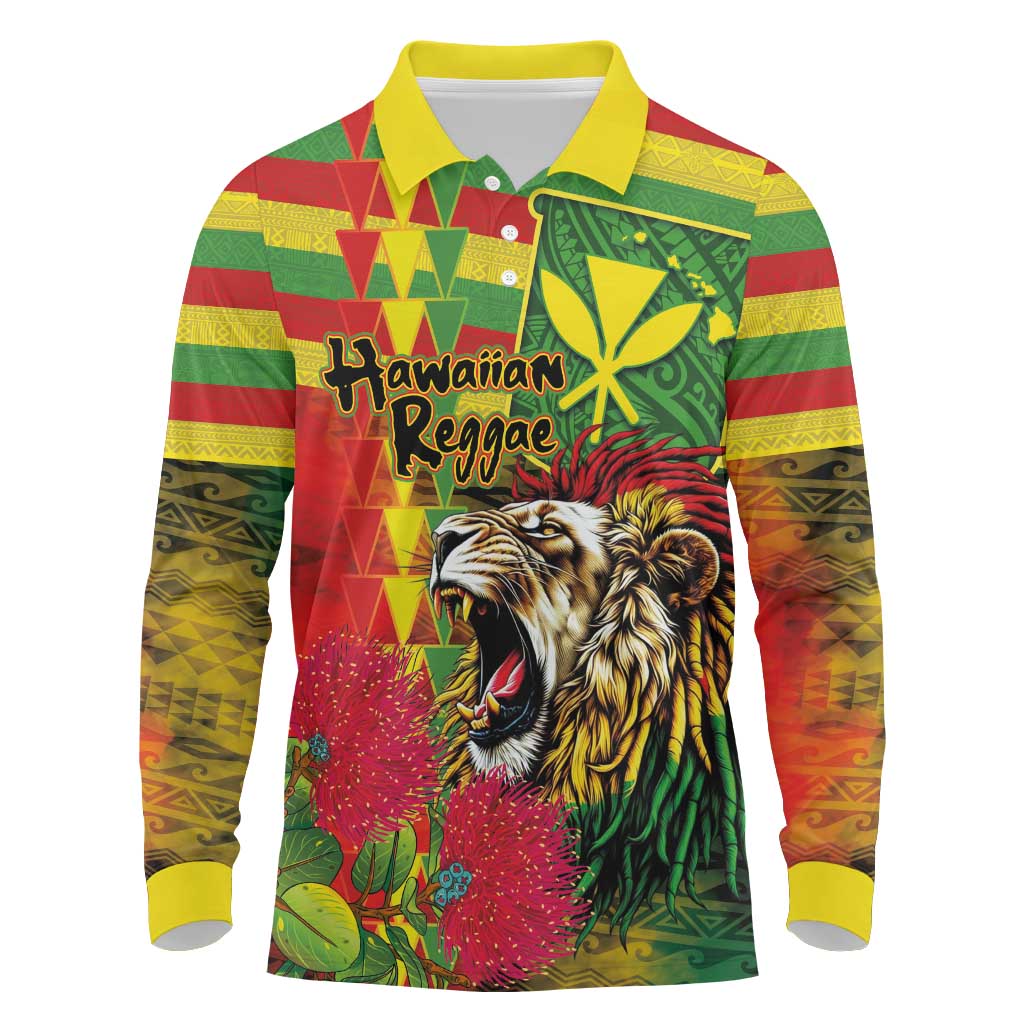 Hawaiian Reggae Long Sleeve Polo Shirt Kakau Art Motifs with Ohia Lehua and Rastafari Lion - Polynesian Pride