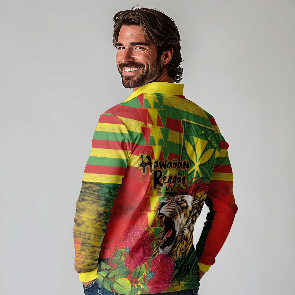 Hawaiian Reggae Long Sleeve Polo Shirt Kakau Art Motifs with Ohia Lehua and Rastafari Lion - Polynesian Pride