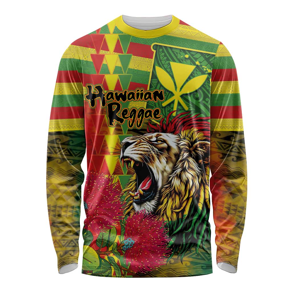 Hawaiian Reggae Long Sleeve Shirt Kakau Art Motifs with Ohia Lehua and Rastafari Lion - Polynesian Pride