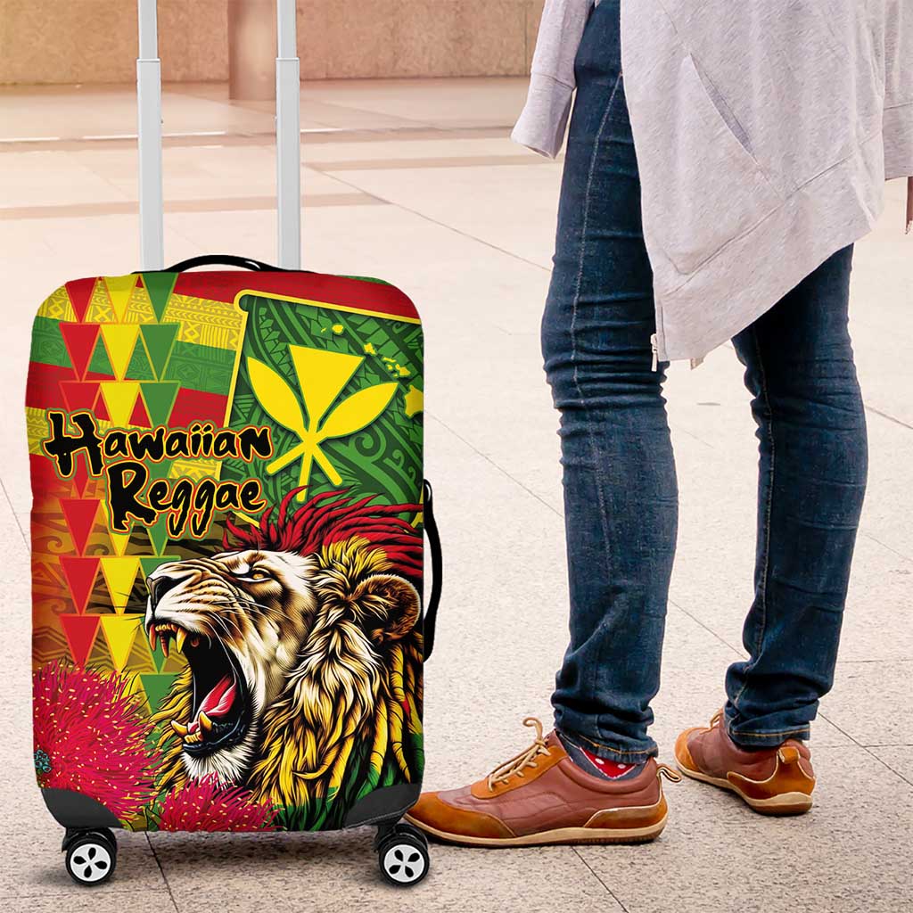 Hawaiian Reggae Luggage Cover Kakau Art Motifs with Ohia Lehua and Rastafari Lion - Polynesian Pride